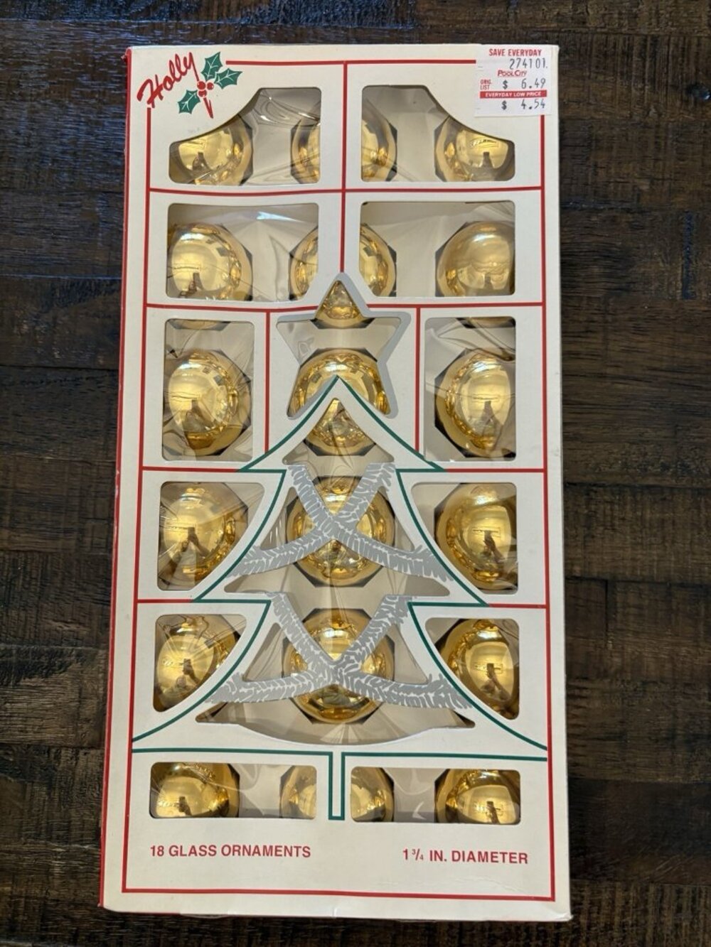 Vintage HOLLY Gold Christmas Ornaments Glass 1 3/4”